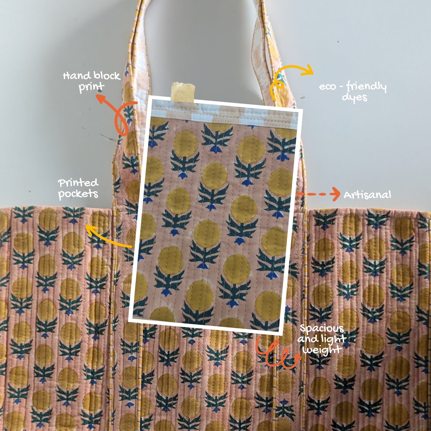 Peaches - Quilted Block Printed Tote