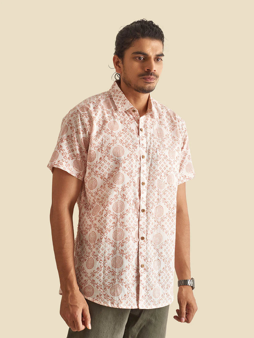 White Ethnic Block Printed Holiday Half Sleeve Cotton Shirt