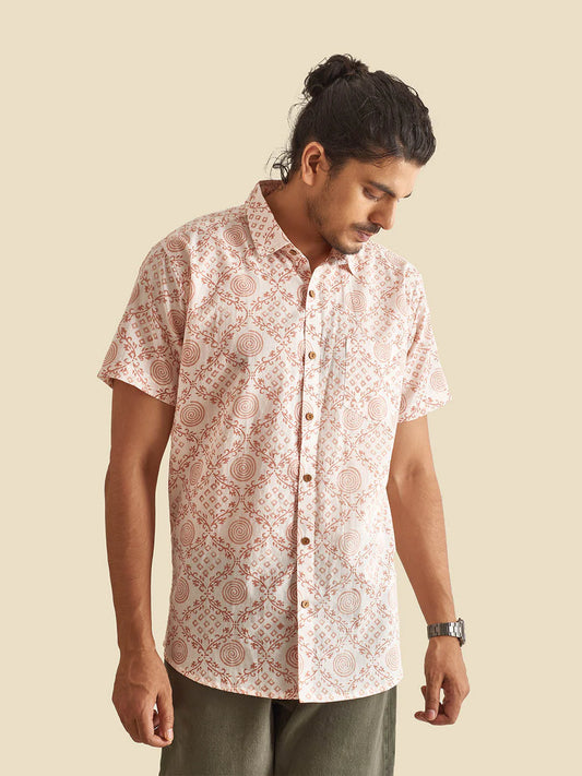 White Ethnic Block Printed Holiday Half Sleeve Cotton Shirt