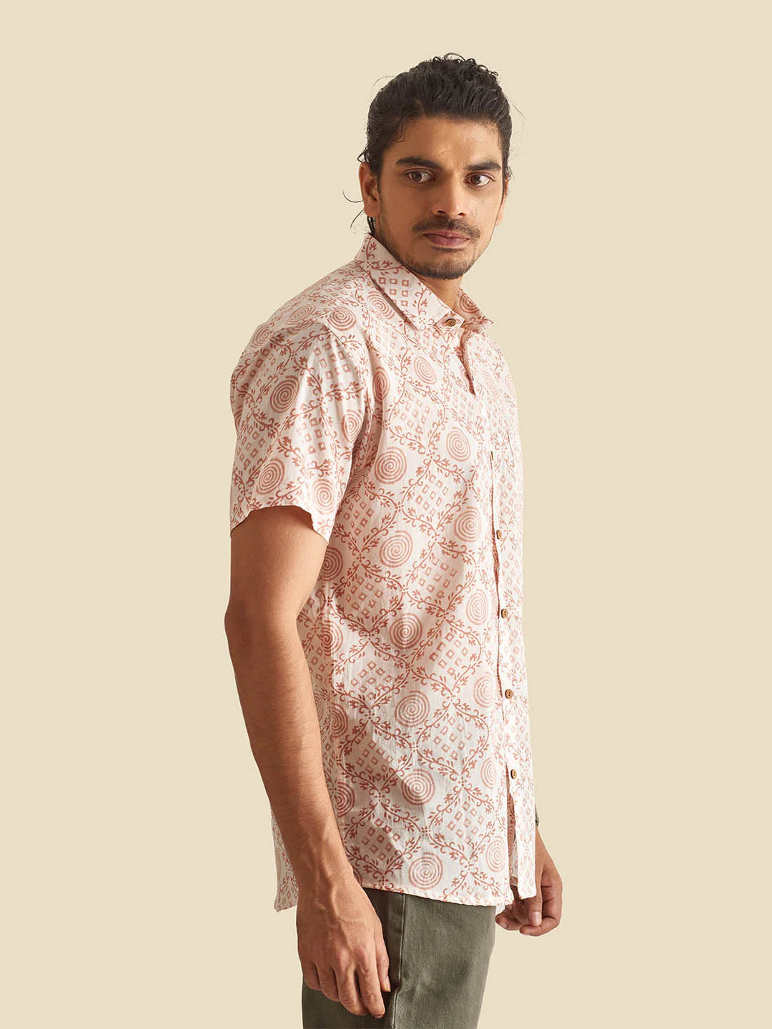 White Ethnic Block Printed Holiday Half Sleeve Cotton Shirt