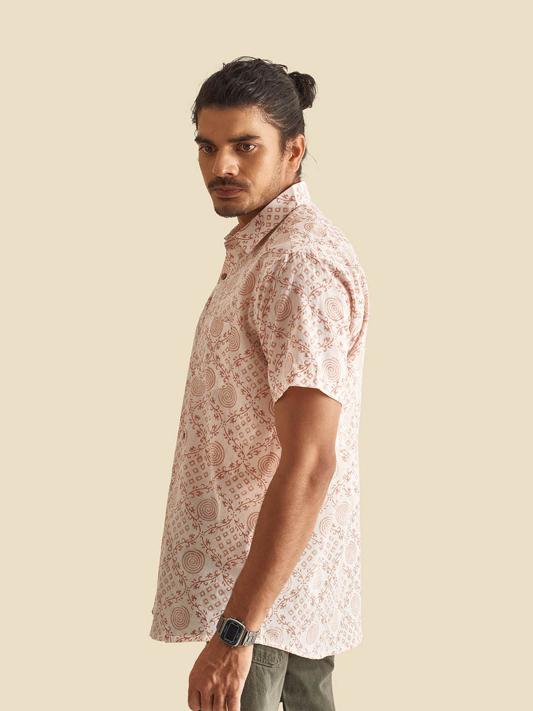 White Ethnic Block Printed Holiday Half Sleeve Cotton Shirt