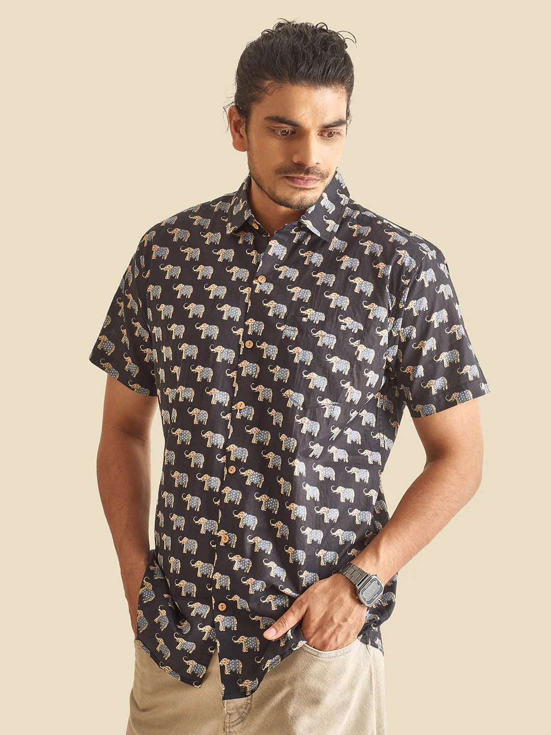 Black Royal Safari Block Printed Half Sleeve Cotton Shirt