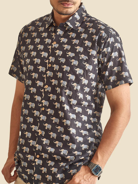 Black Royal Safari Block Printed Half Sleeve Cotton Shirt