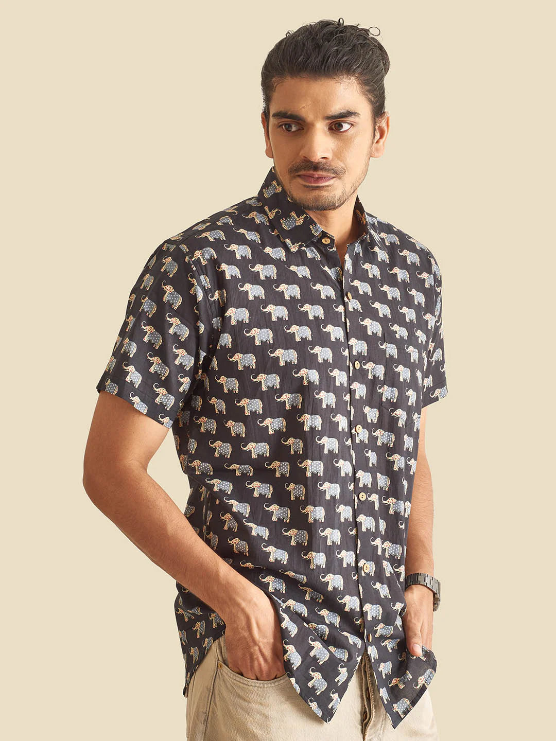 Black Royal Safari Block Printed Half Sleeve Cotton Shirt