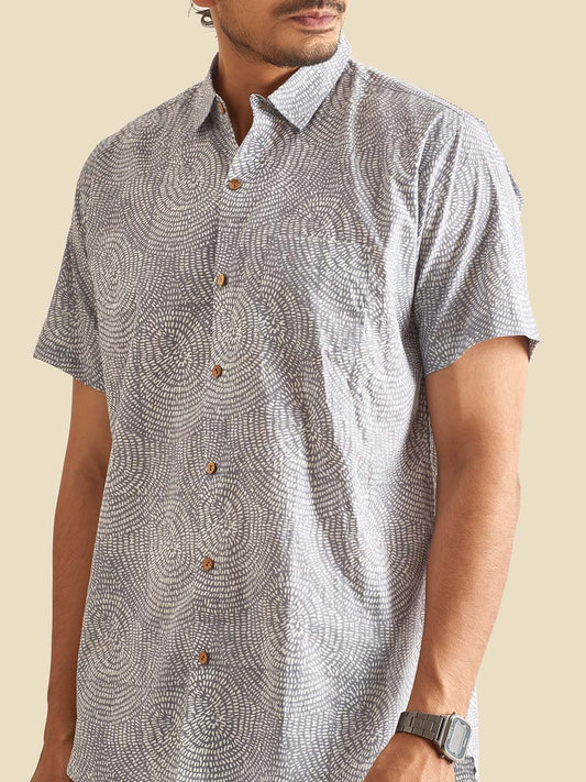 Grey Abstract Circles Printed Half Sleeve Cotton Shirt