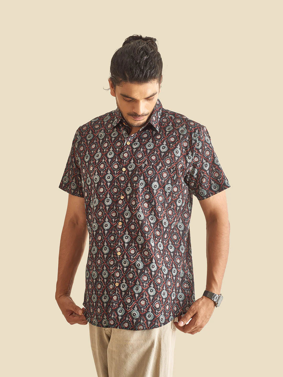 Black Festive Block Printed Half Sleeve Cotton Shirt