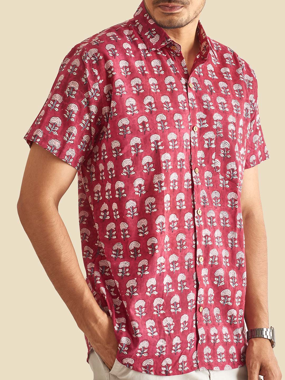 Maroon Floral Block Printed Halfsleeve Cotton Shirt