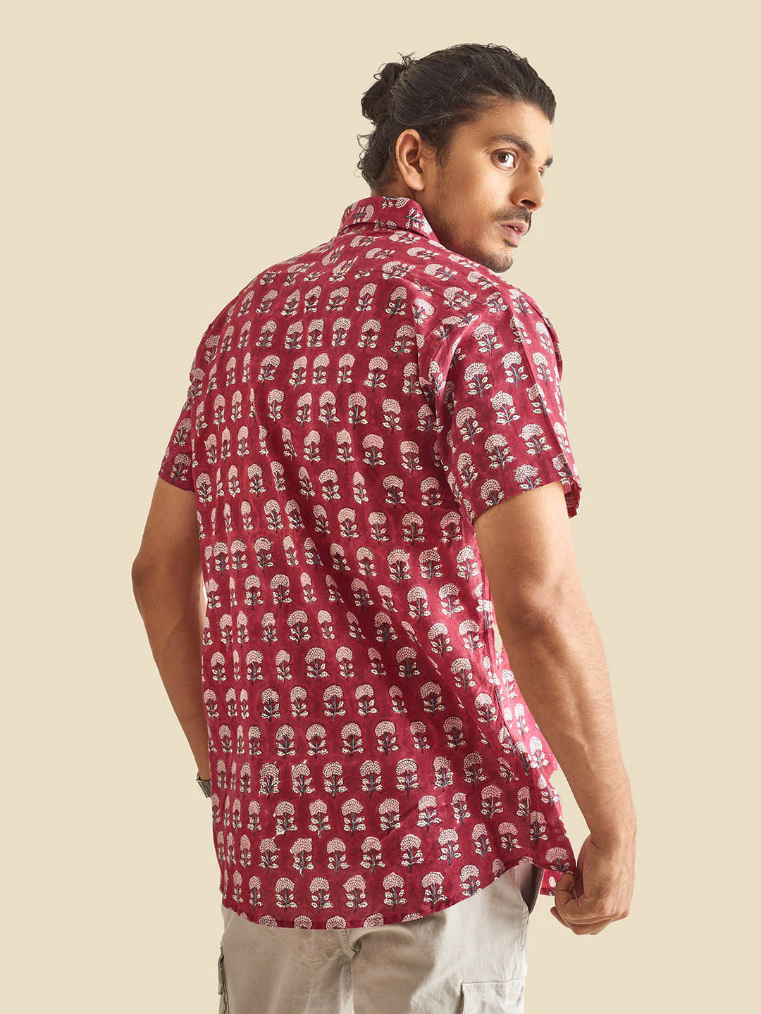Maroon Floral Block Printed Halfsleeve Cotton Shirt