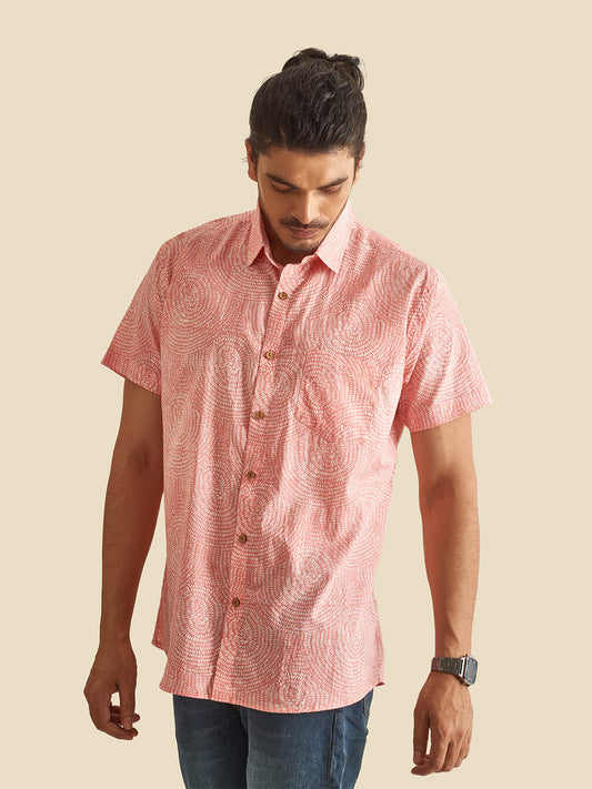 Pink Abstract Circles Block Printed Halfsleeves Cotton Shirt