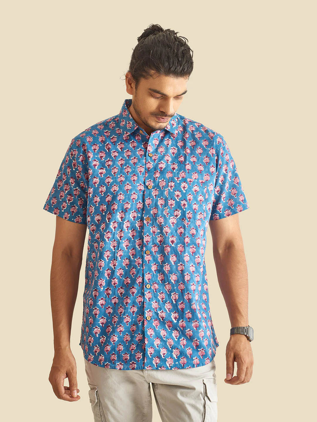 Blue Floral Block Printed Halfsleeve Cotton Shirt