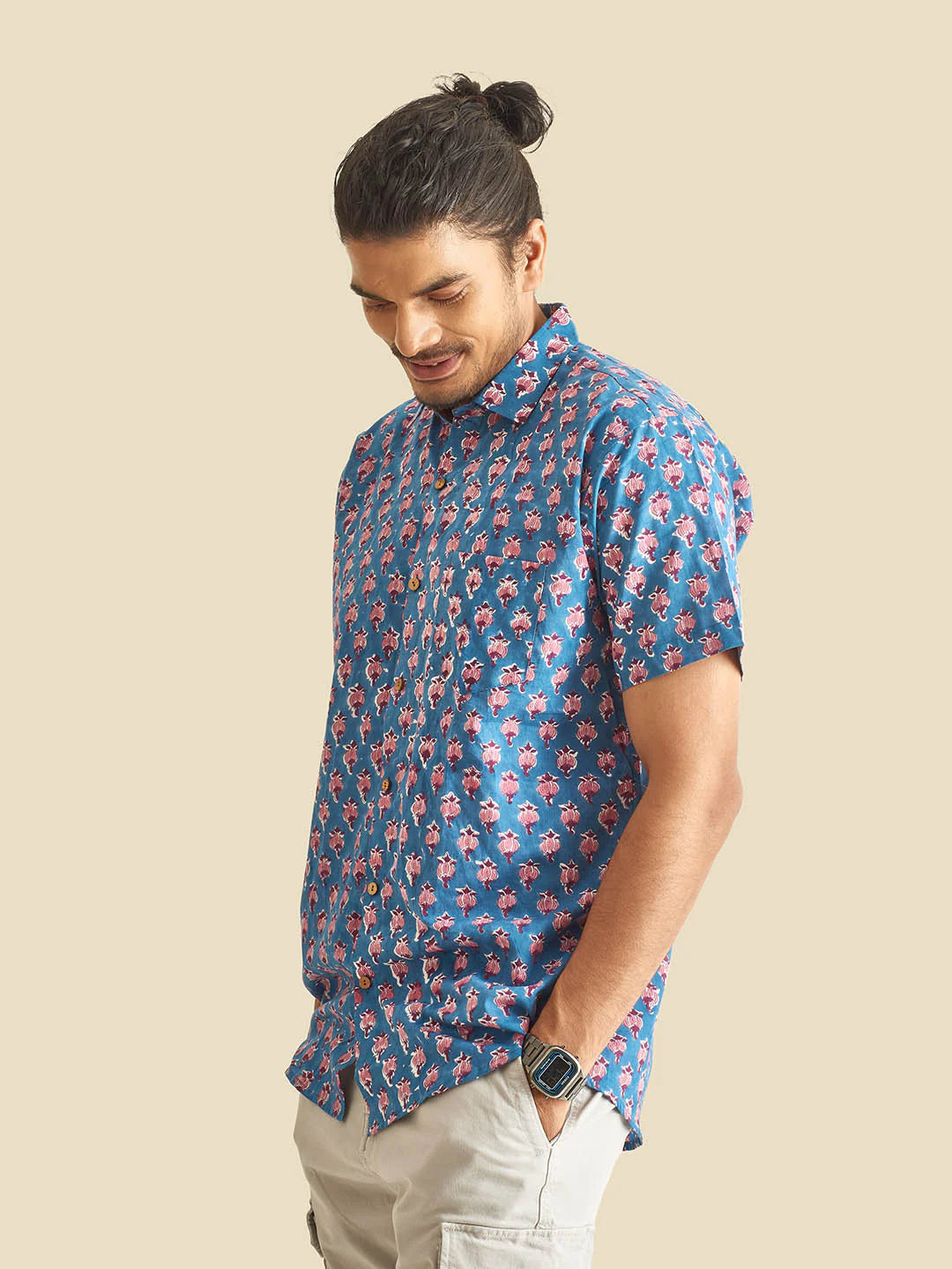 Blue Floral Block Printed Halfsleeve Cotton Shirt