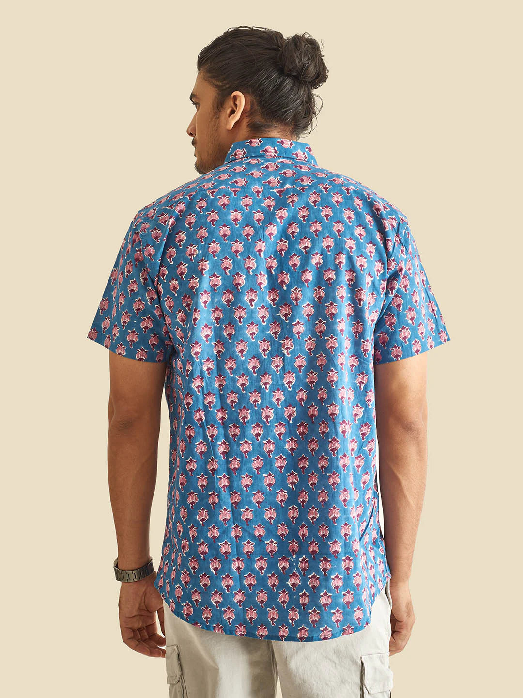 Blue Floral Block Printed Halfsleeve Cotton Shirt