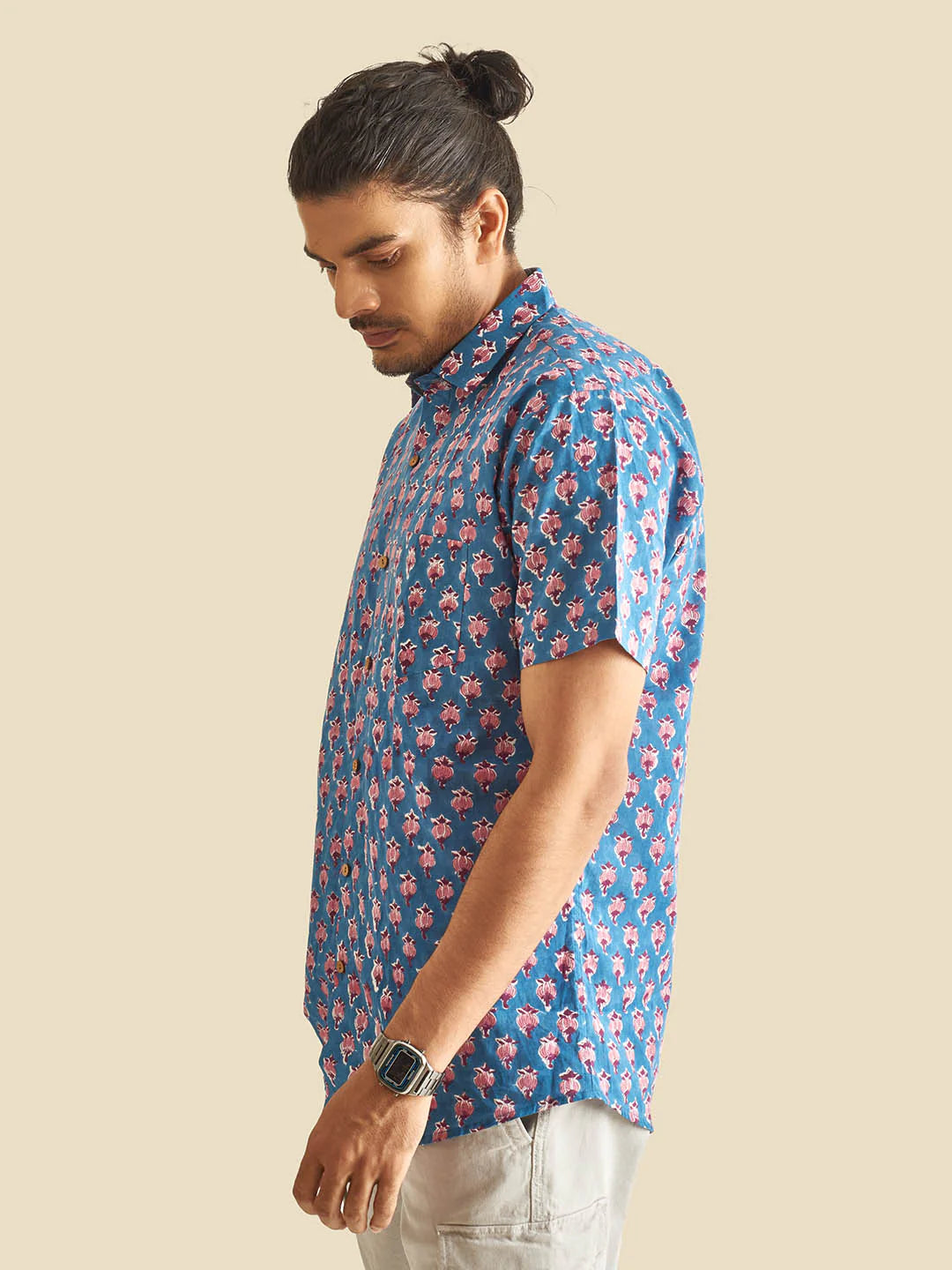 Blue Floral Block Printed Halfsleeve Cotton Shirt