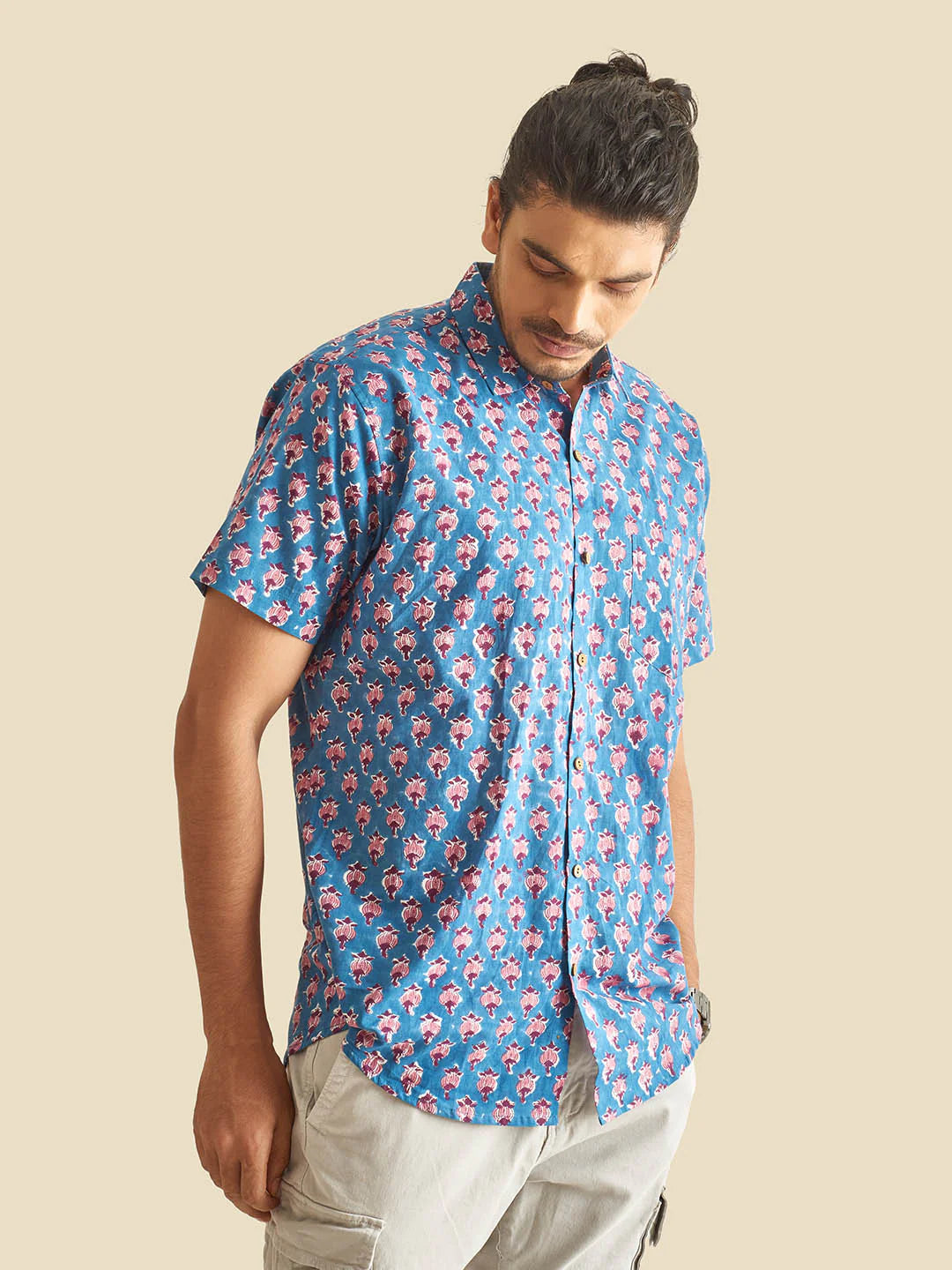 Blue Floral Block Printed Halfsleeve Cotton Shirt