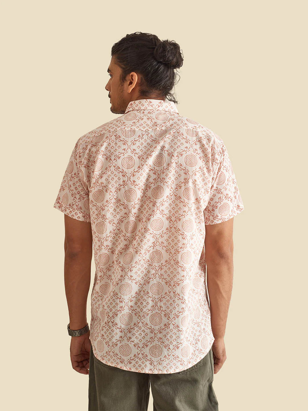 White Ethnic Block Printed Holiday Half Sleeve Cotton Shirt