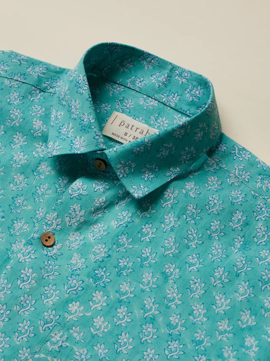 Turquoise Block Printed Cotton Shirt
