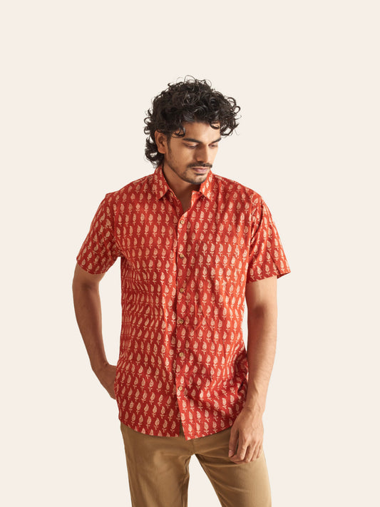 Natural Dye Red Motif Handblock Printed Cotton Shirt