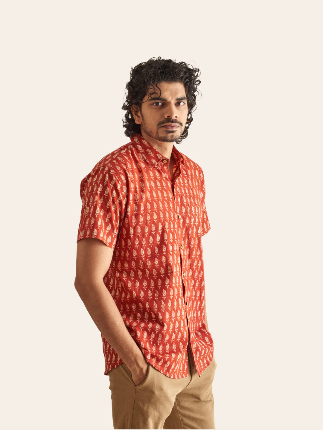 Natural Dye Red Motif Handblock Printed Cotton Shirt