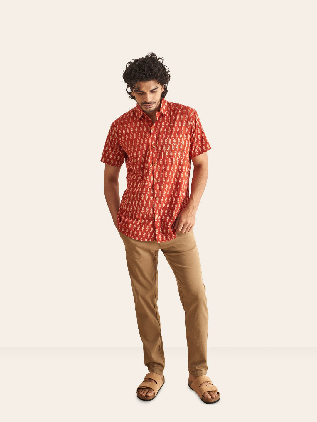 Natural Dye Red Motif Handblock Printed Cotton Shirt