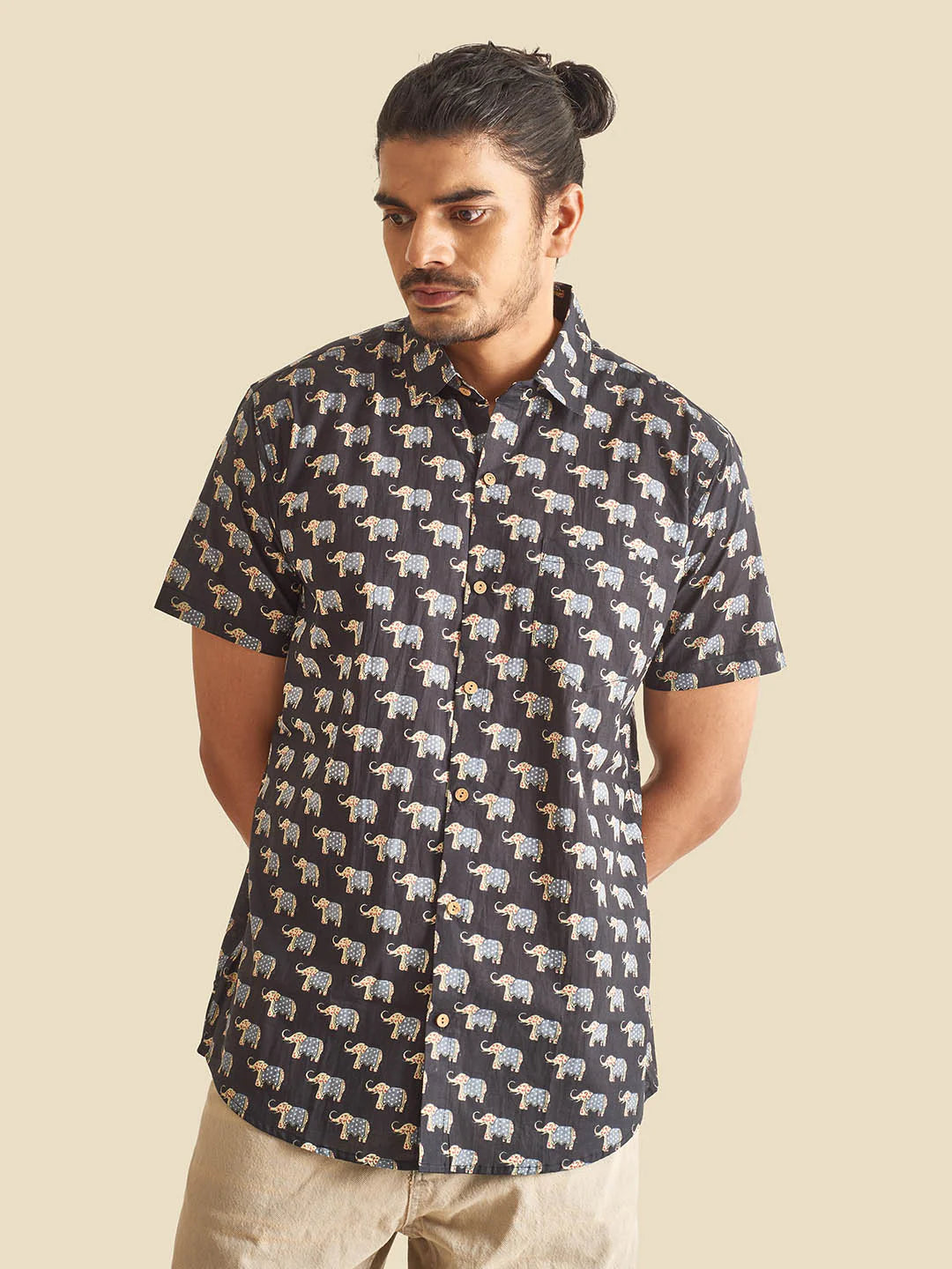 Black Royal Safari Block Printed Half Sleeve Cotton Shirt