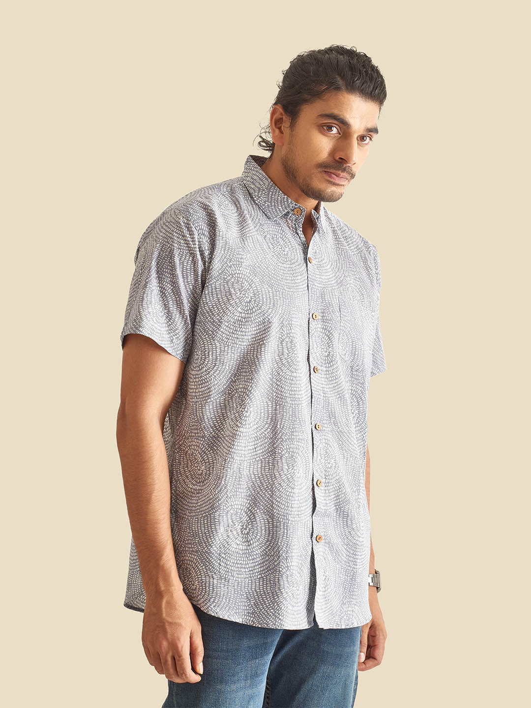 Grey Abstract Circles Printed Half Sleeve Cotton Shirt