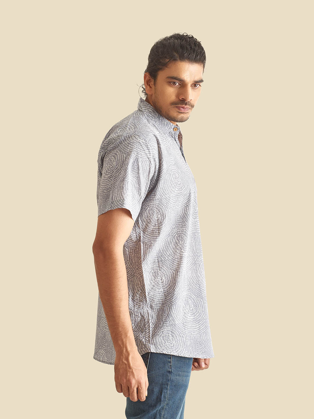 Grey Abstract Circles Printed Half Sleeve Cotton Shirt
