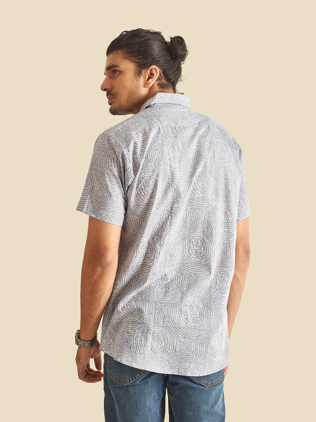 Grey Abstract Circles Printed Half Sleeve Cotton Shirt