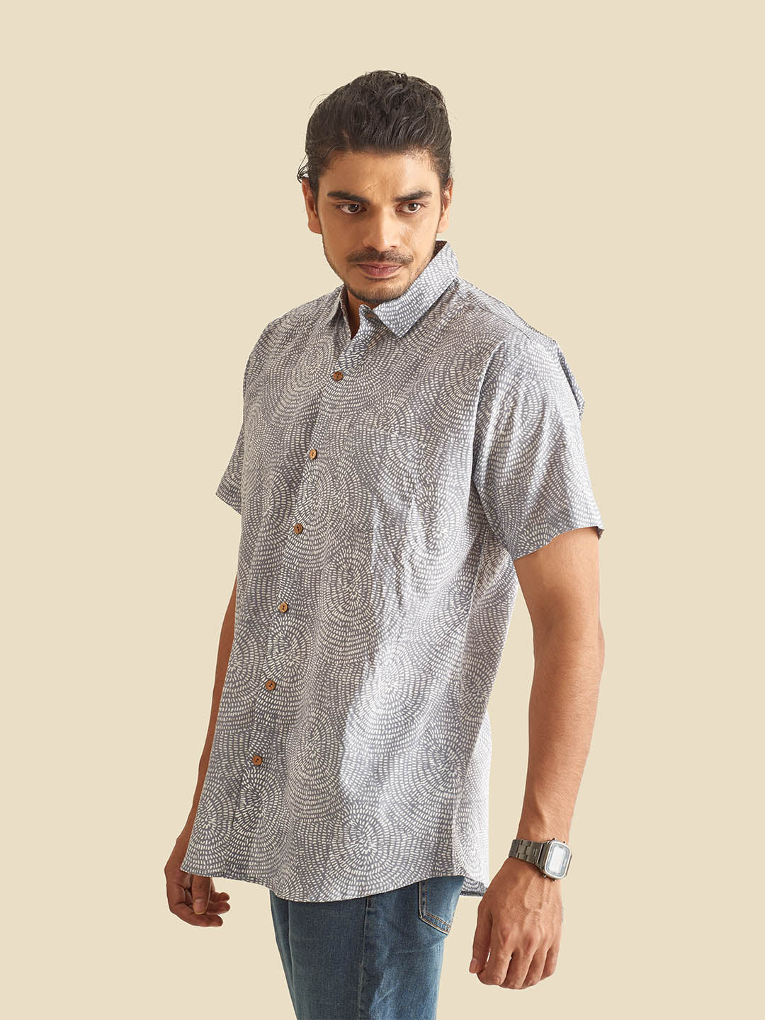 Grey Abstract Circles Printed Half Sleeve Cotton Shirt