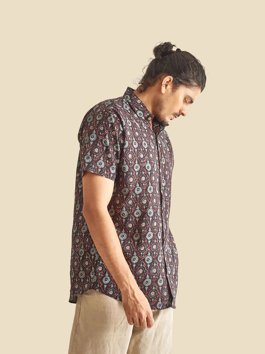 Black Festive Block Printed Half Sleeve Cotton Shirt