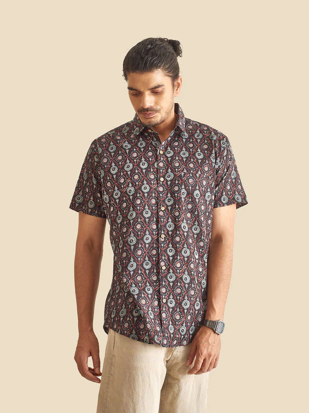 Black Festive Block Printed Half Sleeve Cotton Shirt