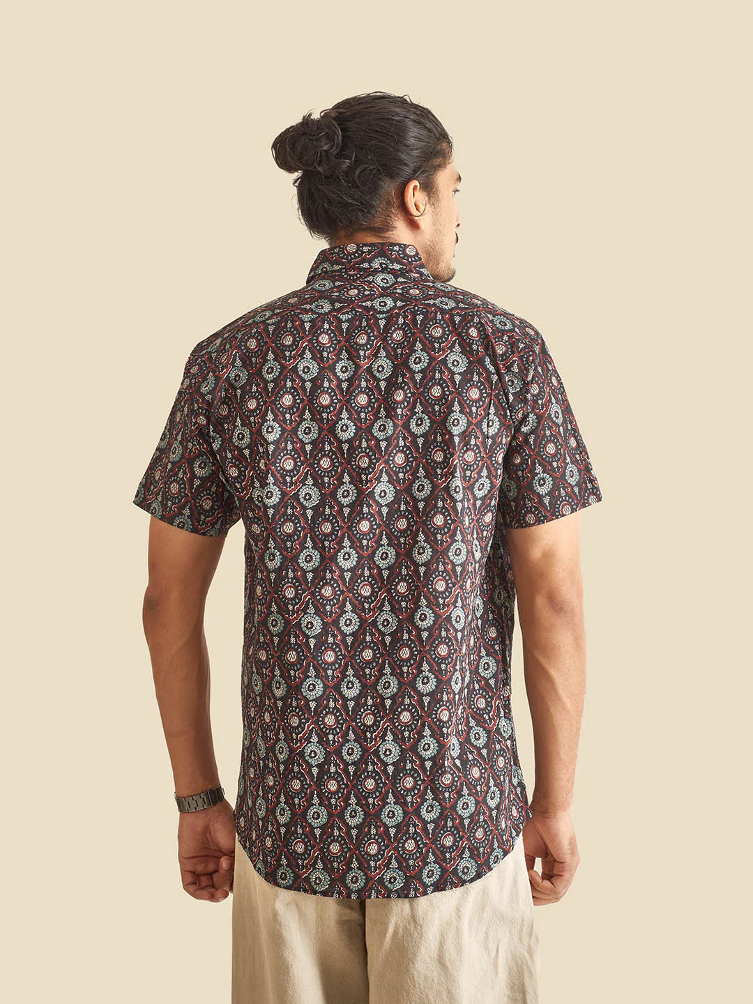 Black Festive Block Printed Half Sleeve Cotton Shirt