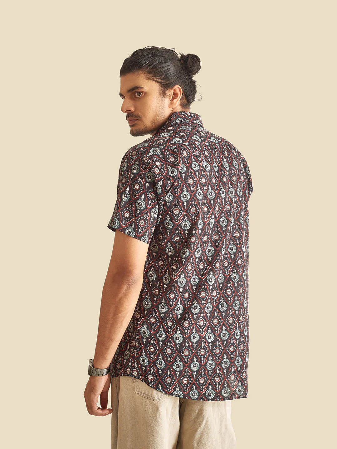 Black Festive Block Printed Half Sleeve Cotton Shirt
