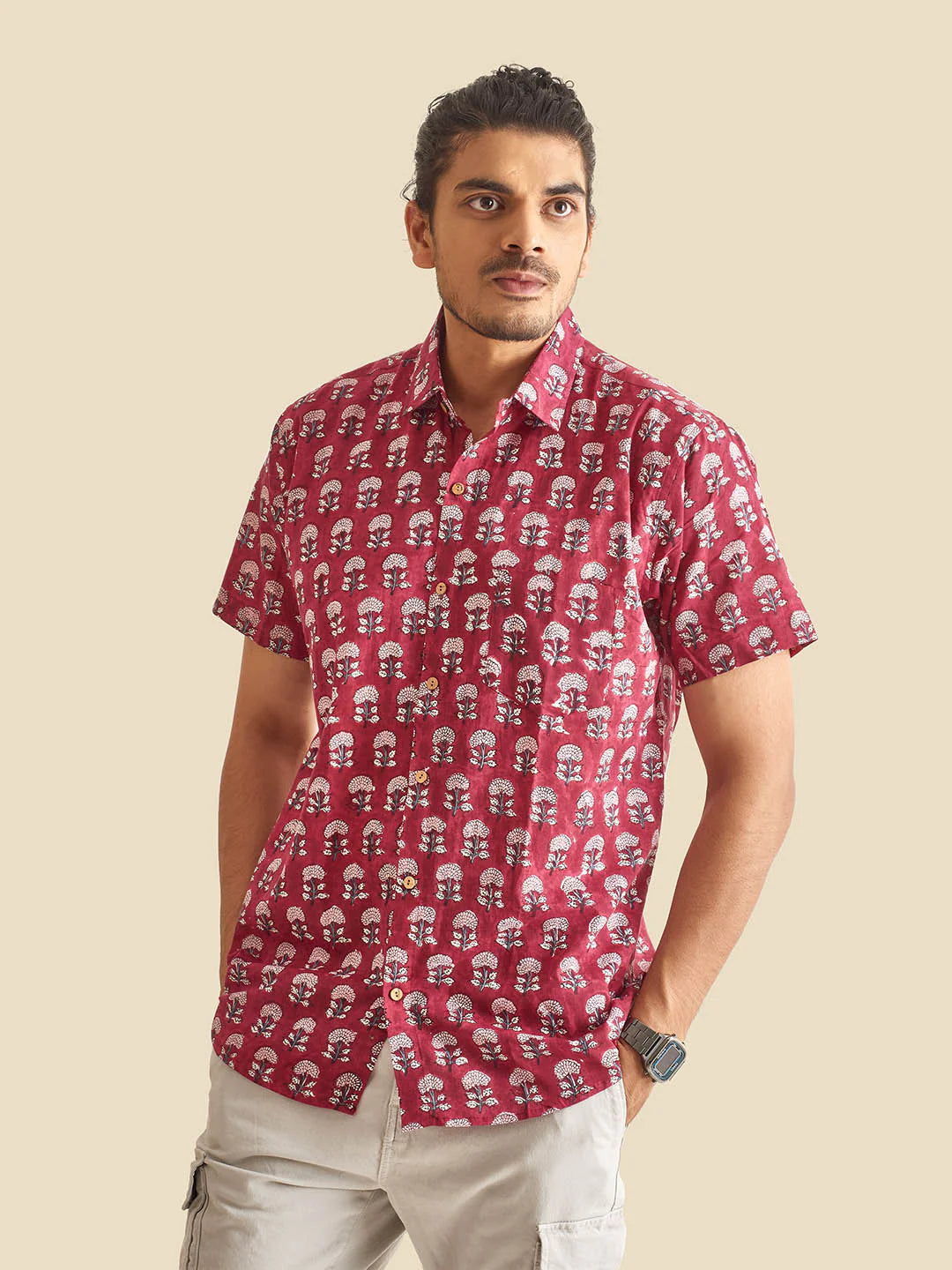Maroon Floral Block Printed Halfsleeve Cotton Shirt