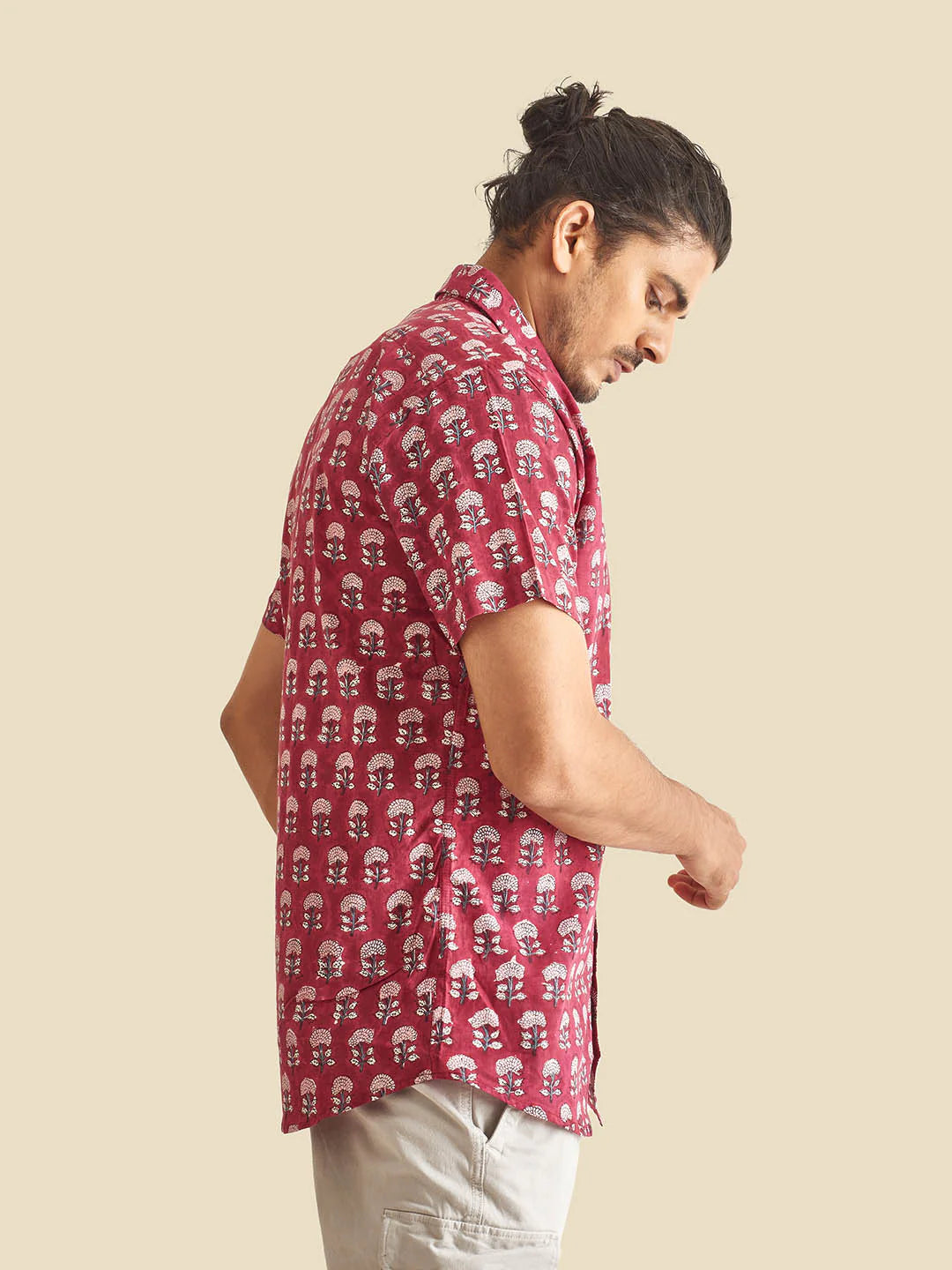 Maroon Floral Block Printed Halfsleeve Cotton Shirt