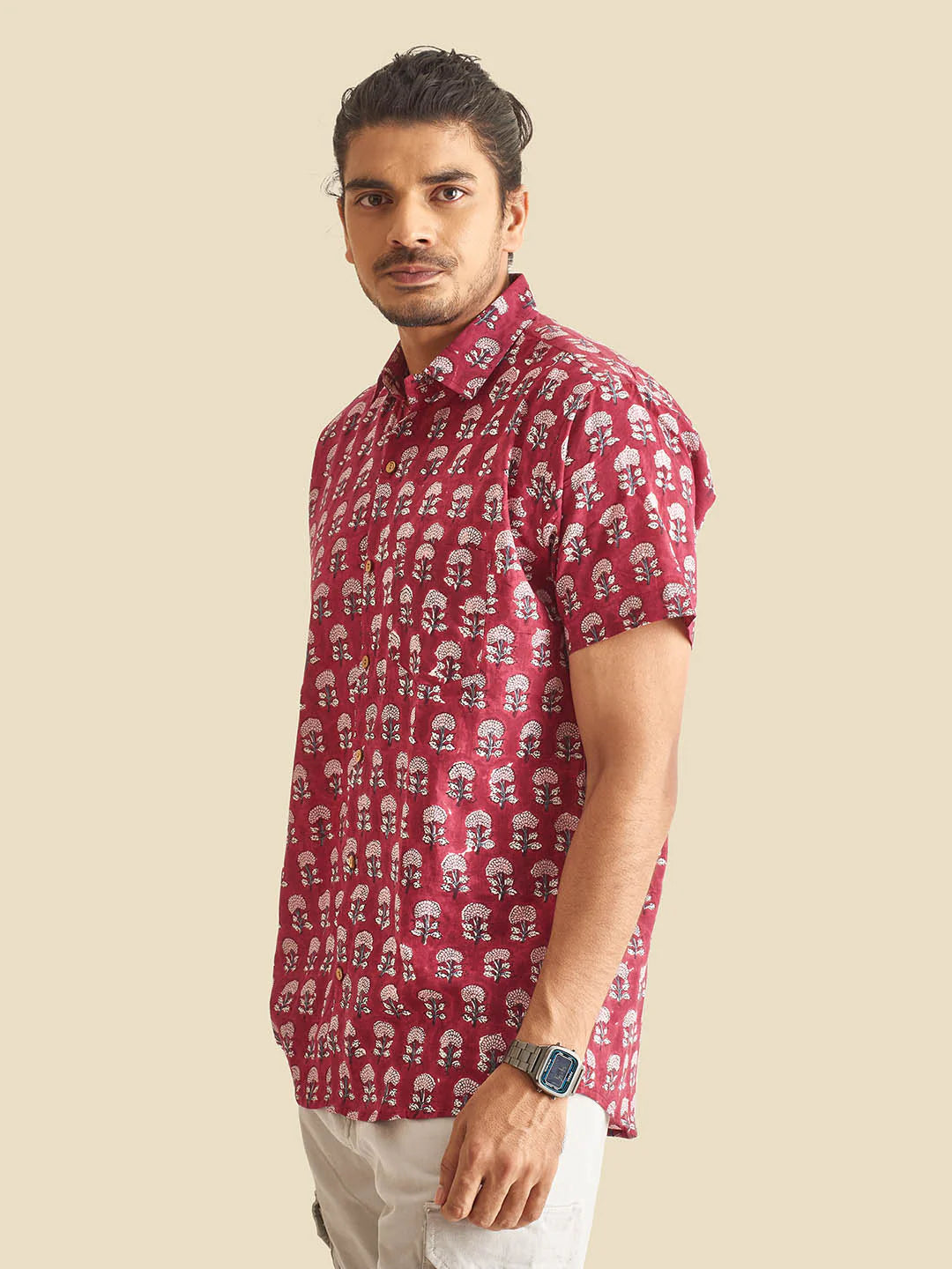 Maroon Floral Block Printed Halfsleeve Cotton Shirt